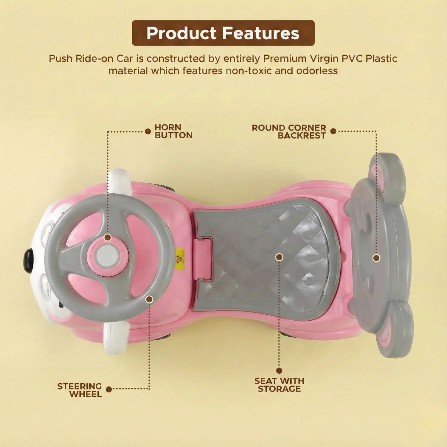 KIDONEX Ride On for Kids Baby Car Ride On for Kids 1 Years+ Push Car for Baby with Backrest and Under Seat Storage Utility Box for Toys (Pink)