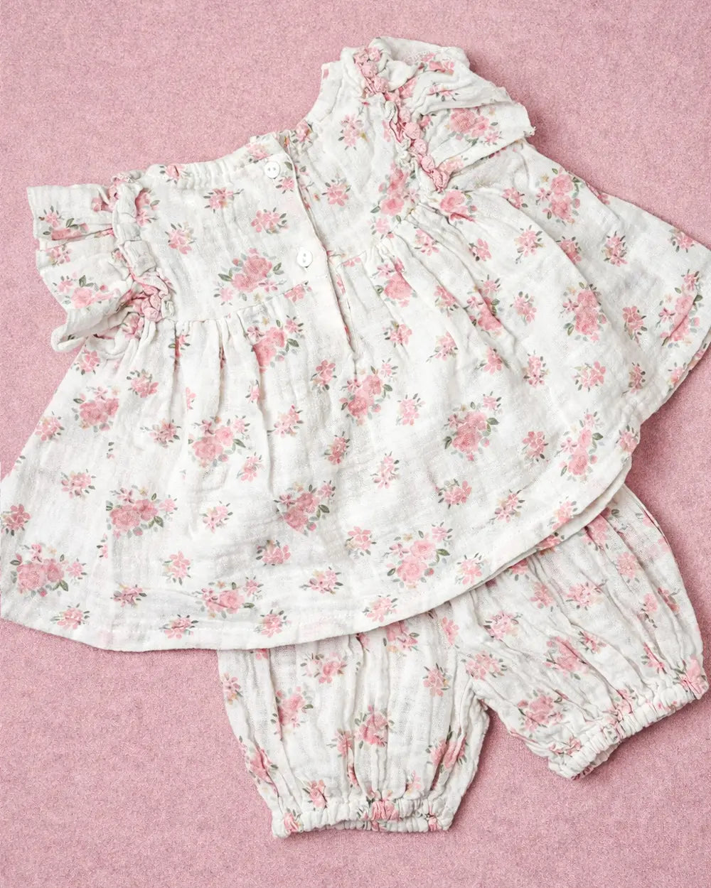 Baby Girl’s Floral Muslin Ruffle Top & Bloomer Set