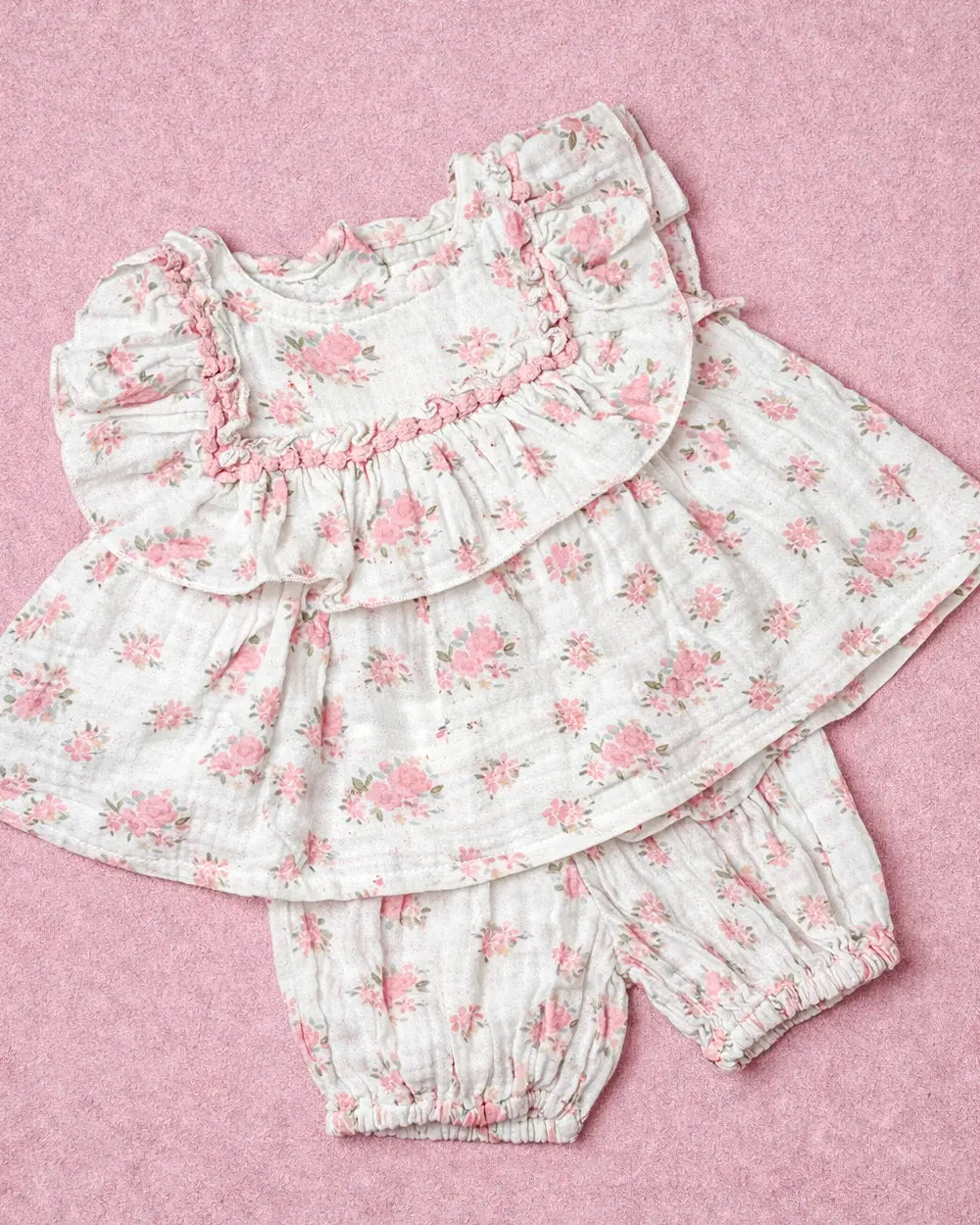 Baby Girl’s Floral Muslin Ruffle Top & Bloomer Set
