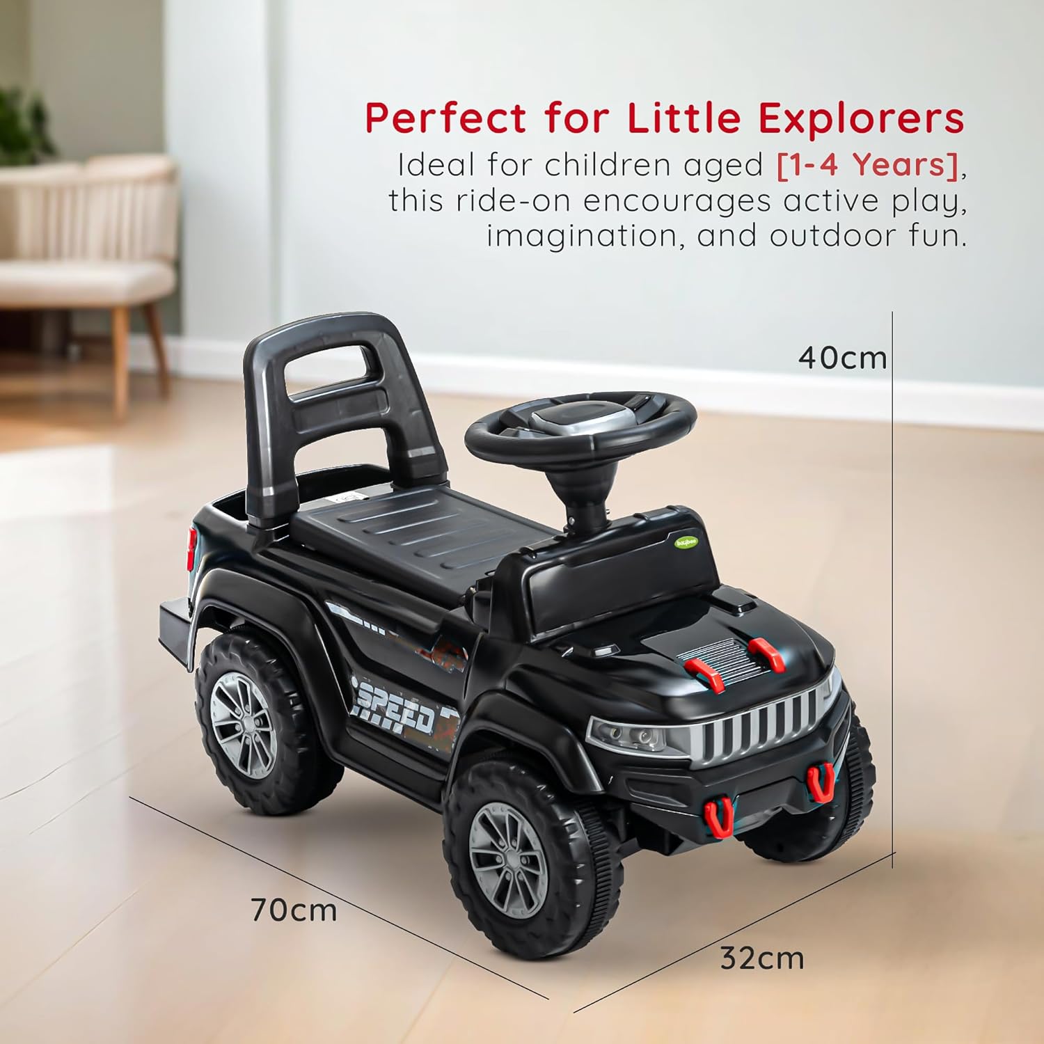 Speedy Push Ride-On Car for Toddlers (1–4 Years) Music & LED Lights – Safe Ride Toy with Storage Basket & High Backrest