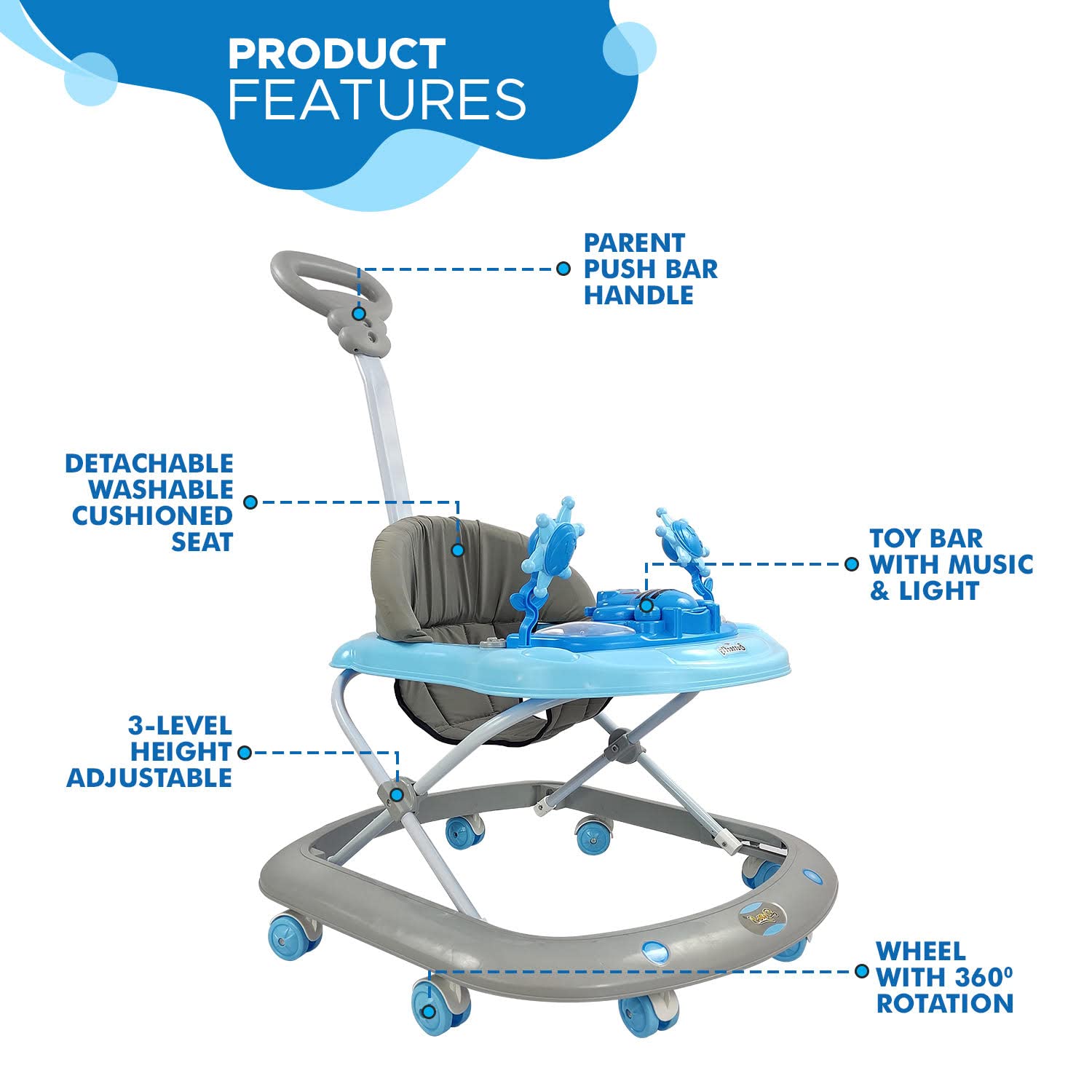 Baby Foldable Activity Walker with 3 Position Adjustable Height, Music & Light & Parental Handle – Baby Essentials, Infant Essentials & Newborn Care Essentials