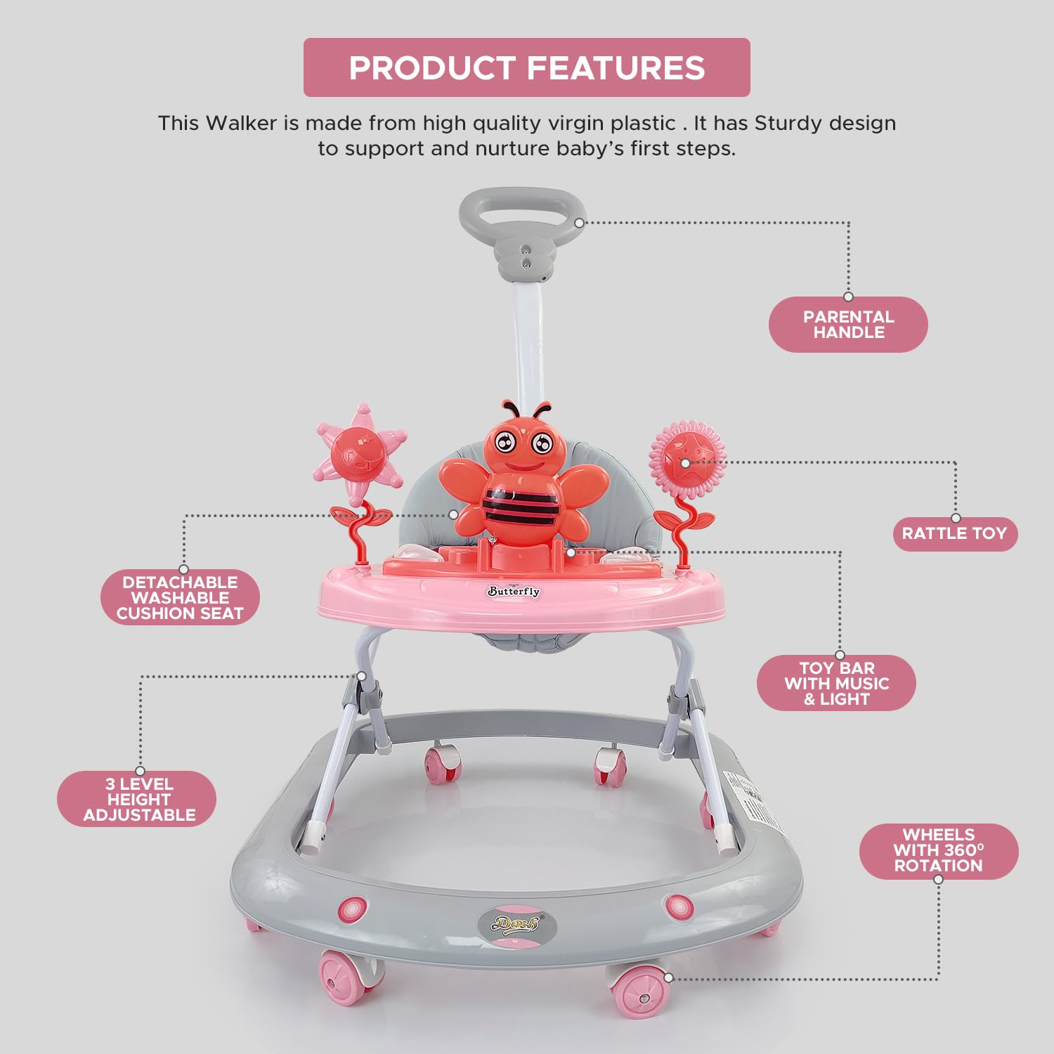 Baby Foldable Activity Walker with 3 Position Adjustable Height, Music & Light & Parental Handle – Baby Essentials, Infant Essentials & Newborn Care Essentials