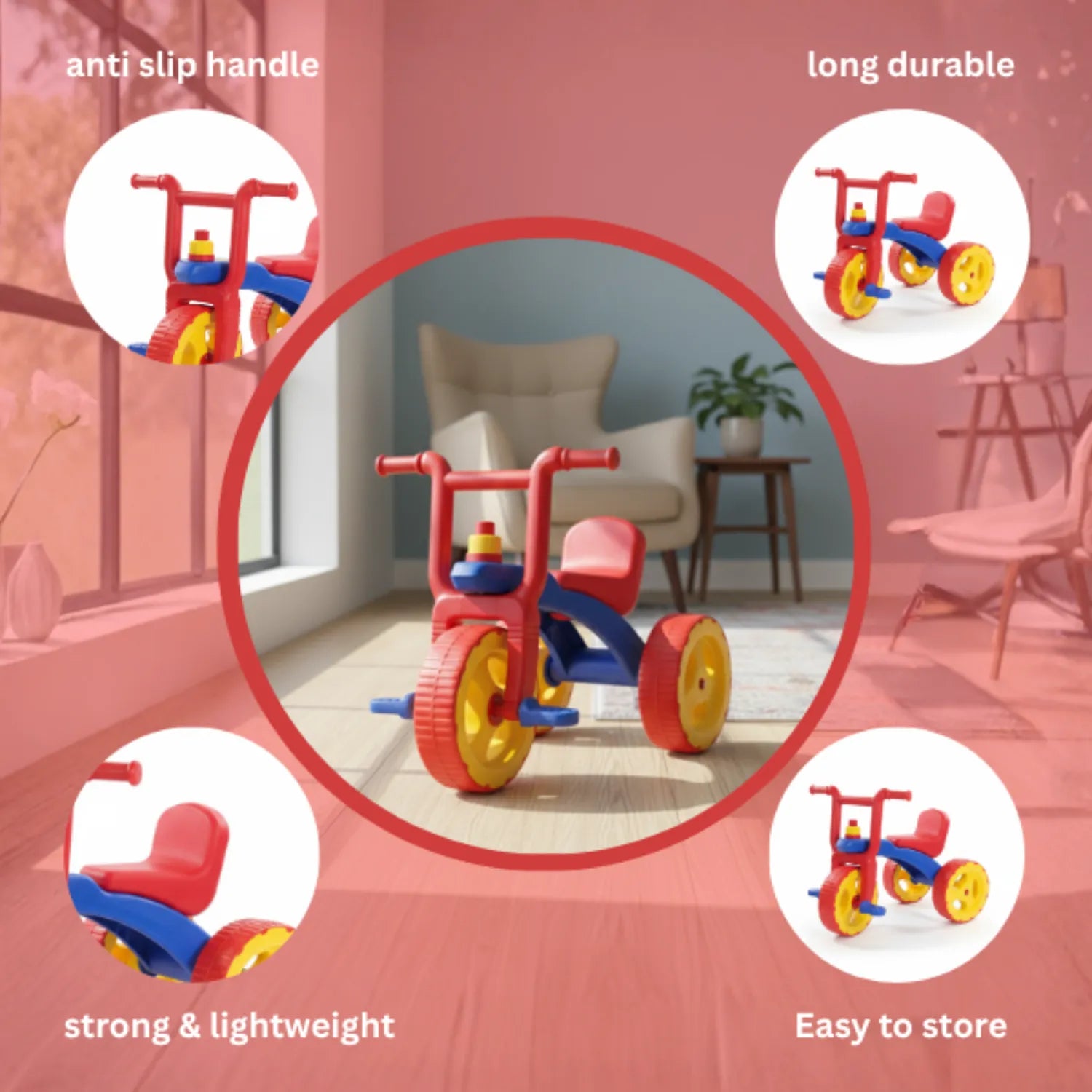 Kids Tricycle with Backrest & Anti-Skid Wheels