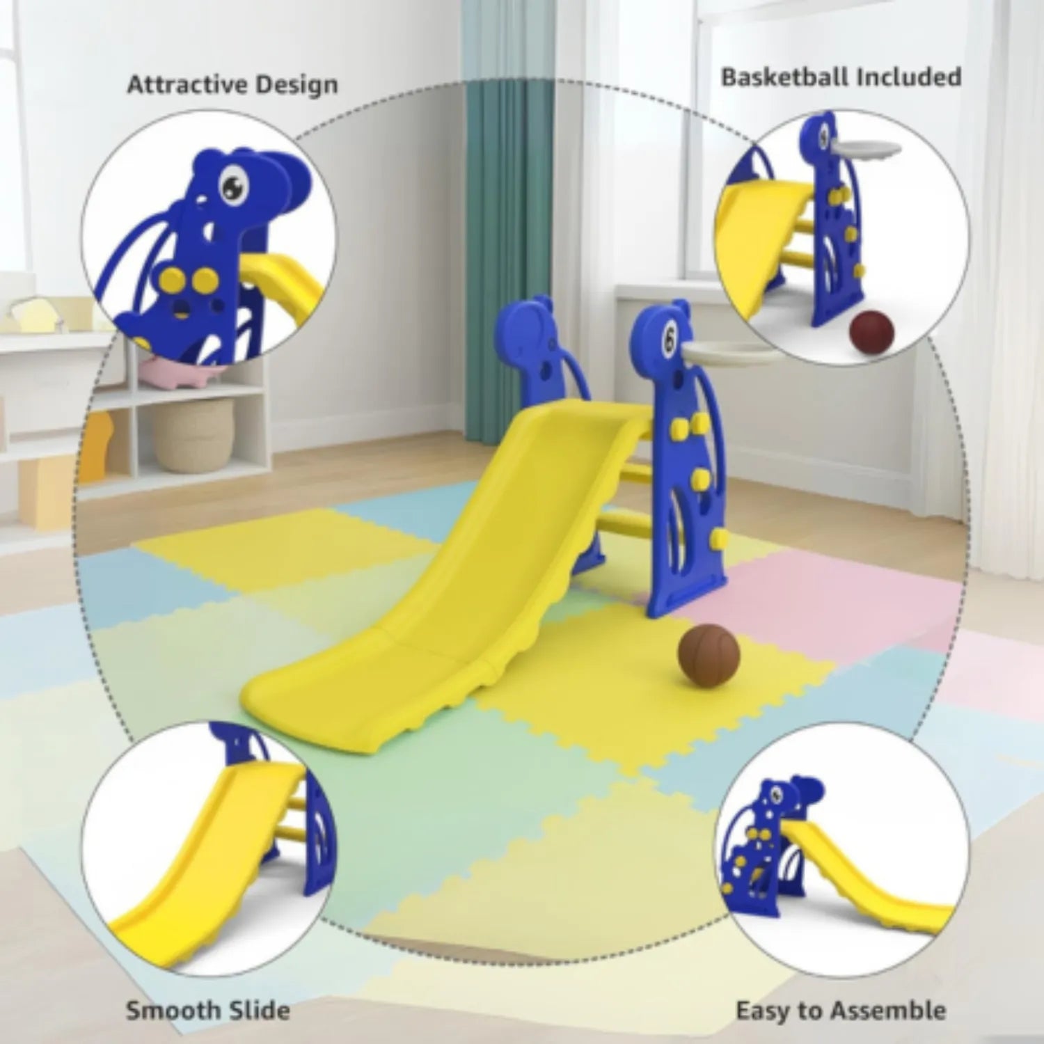 2-in-1 Kids Slide & Basketball Hoop – Safe Indoor/Outdoor Activity Set