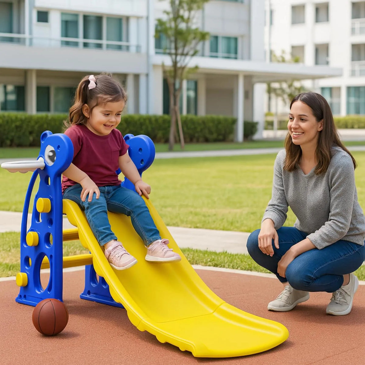 Outdoor Activity Set 2-in-1 Kids Slide & Basketball Hoop – Safe Indoor/Outdoor Activity Set
