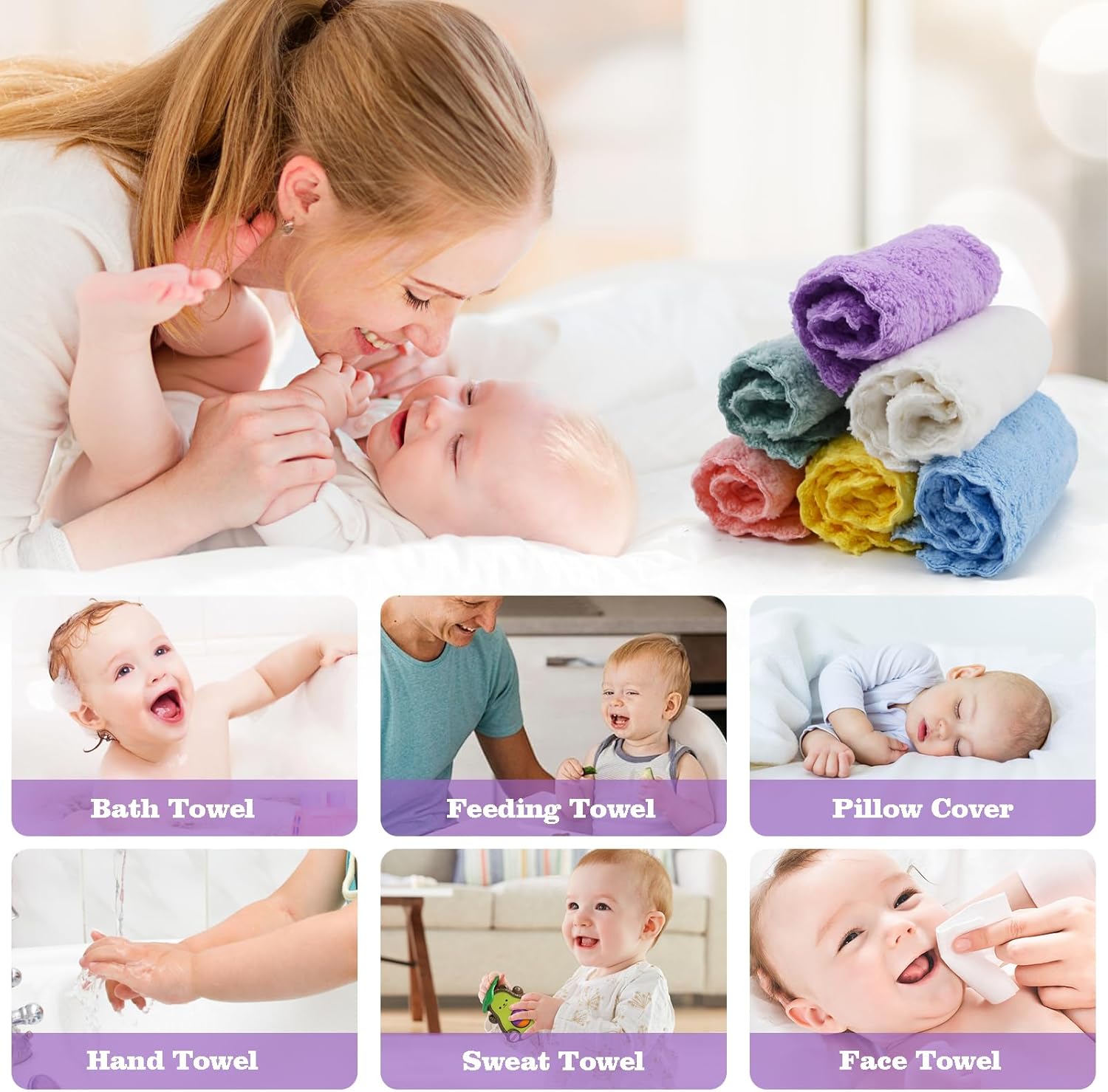 Soft Baby Washcloths – Value Pack of Multi-Colored Towels for Daily Use (Set of 6) | Baby Essentials, Newborn Essentials & Infant Essentials