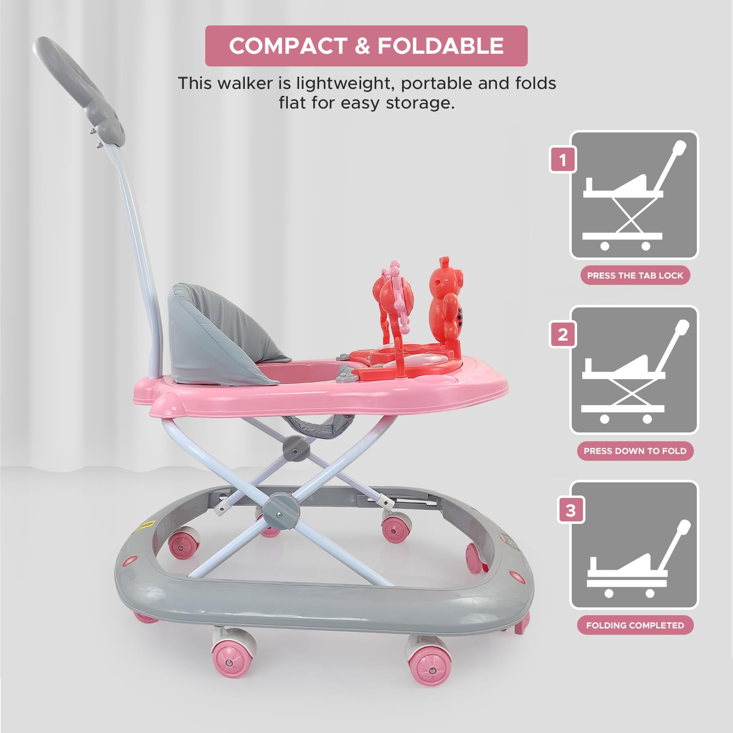 Baby Foldable Activity Walker with 3 Position Adjustable Height, Music & Light & Parental Handle – Baby Essentials, Infant Essentials & Newborn Care Essentials