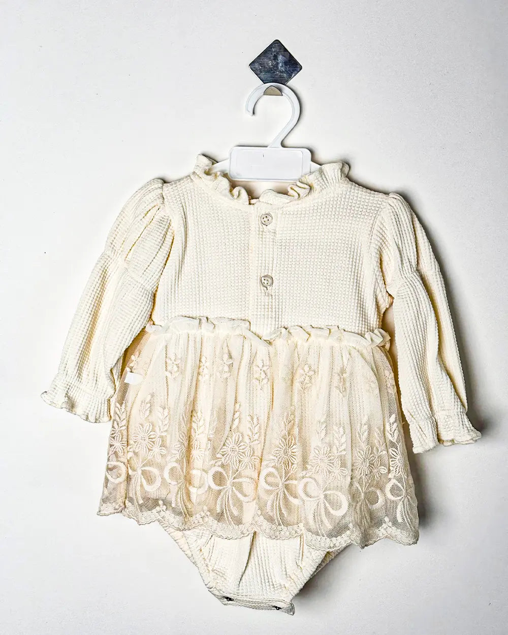 Vintage-Style Cream Waffle Knit Embroidered Lace Tutu Romper