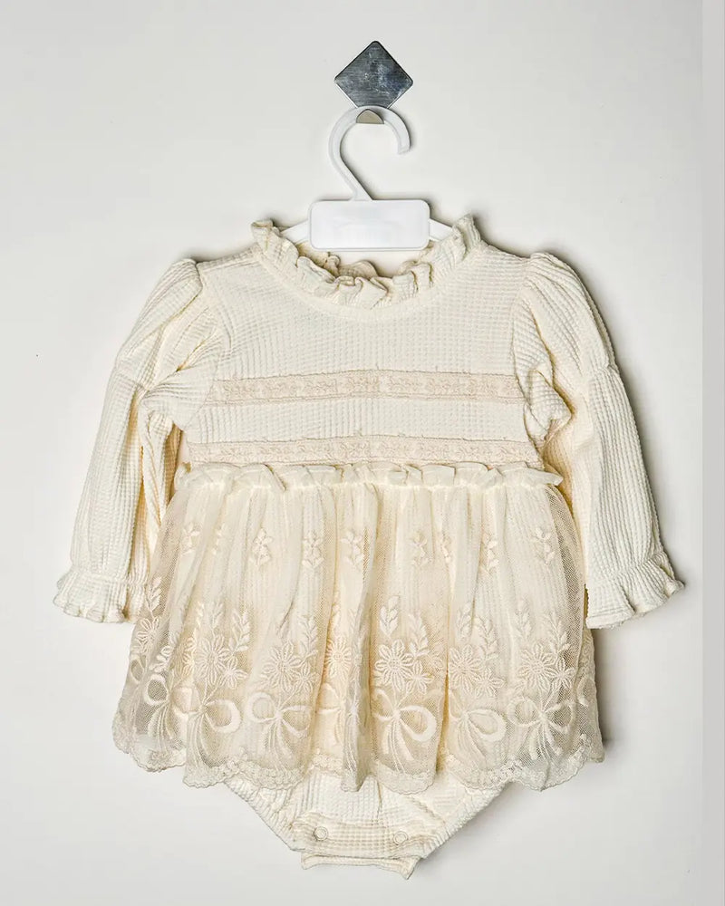Vintage-Style Cream Waffle Knit Embroidered Lace Tutu Romper
