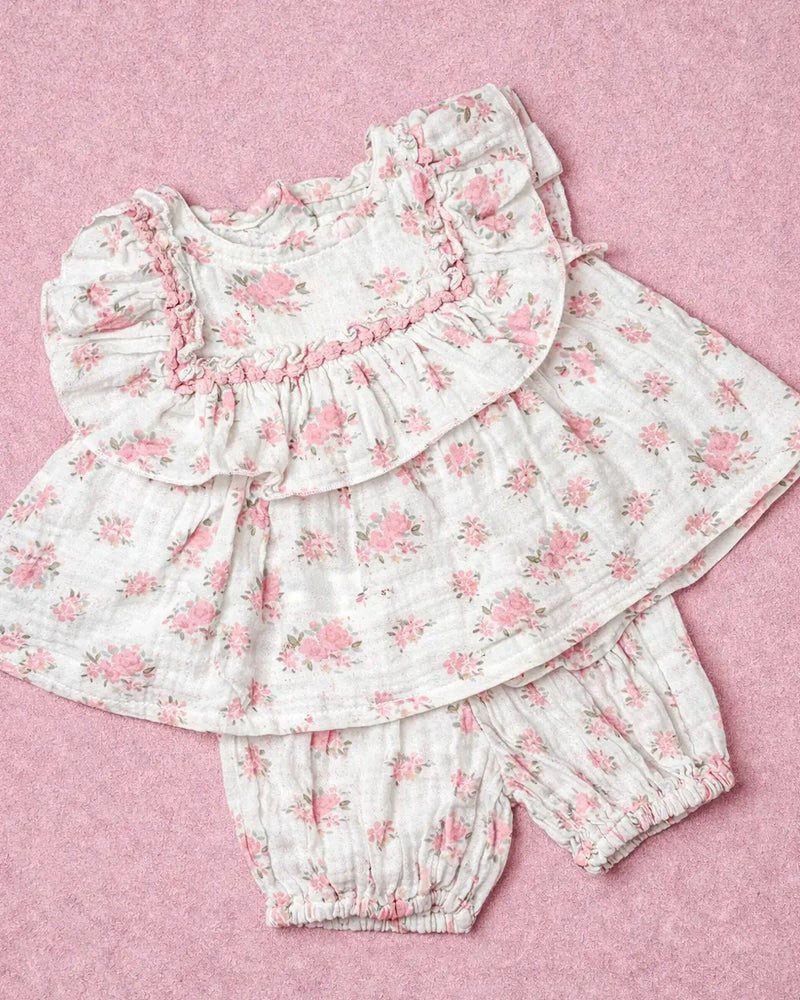 Baby Girl’s Floral Muslin Ruffle Top & Bloomer Set