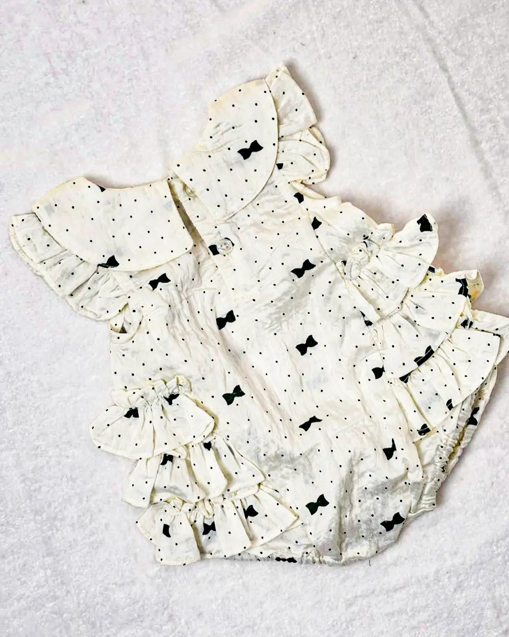 Cute Cream Baby Romper Dress with Green Bow Print & Ruffle Details