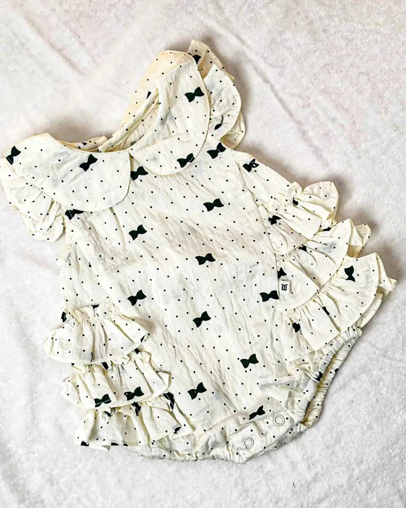 Cute Cream Baby Romper Dress with Green Bow Print & Ruffle Details