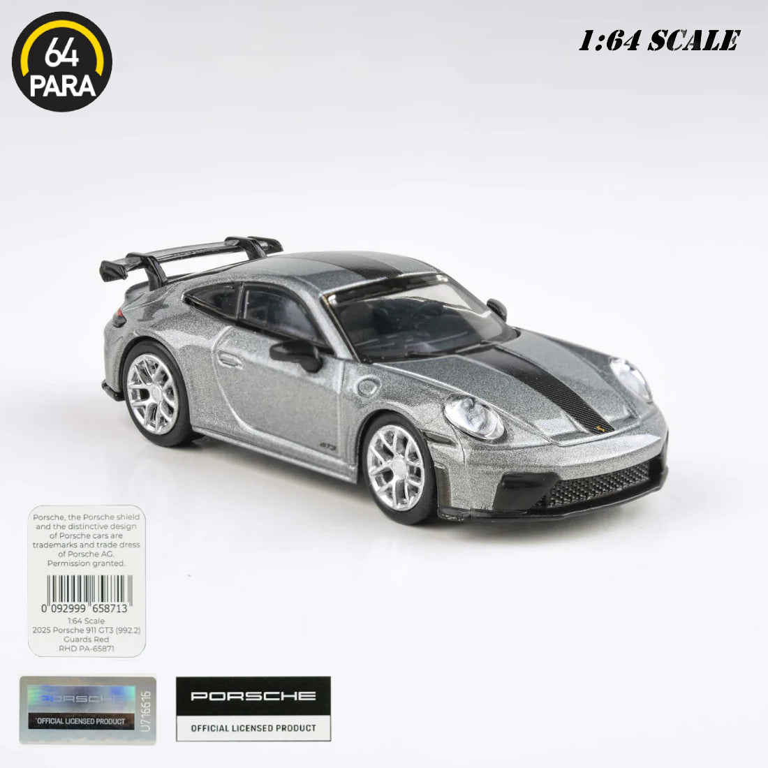 Porsche 911 GT3 (992.2) GT Metallic Silver 2025 Scale 1:64 Die-Cast Model Car Toy for Kids & Collectors