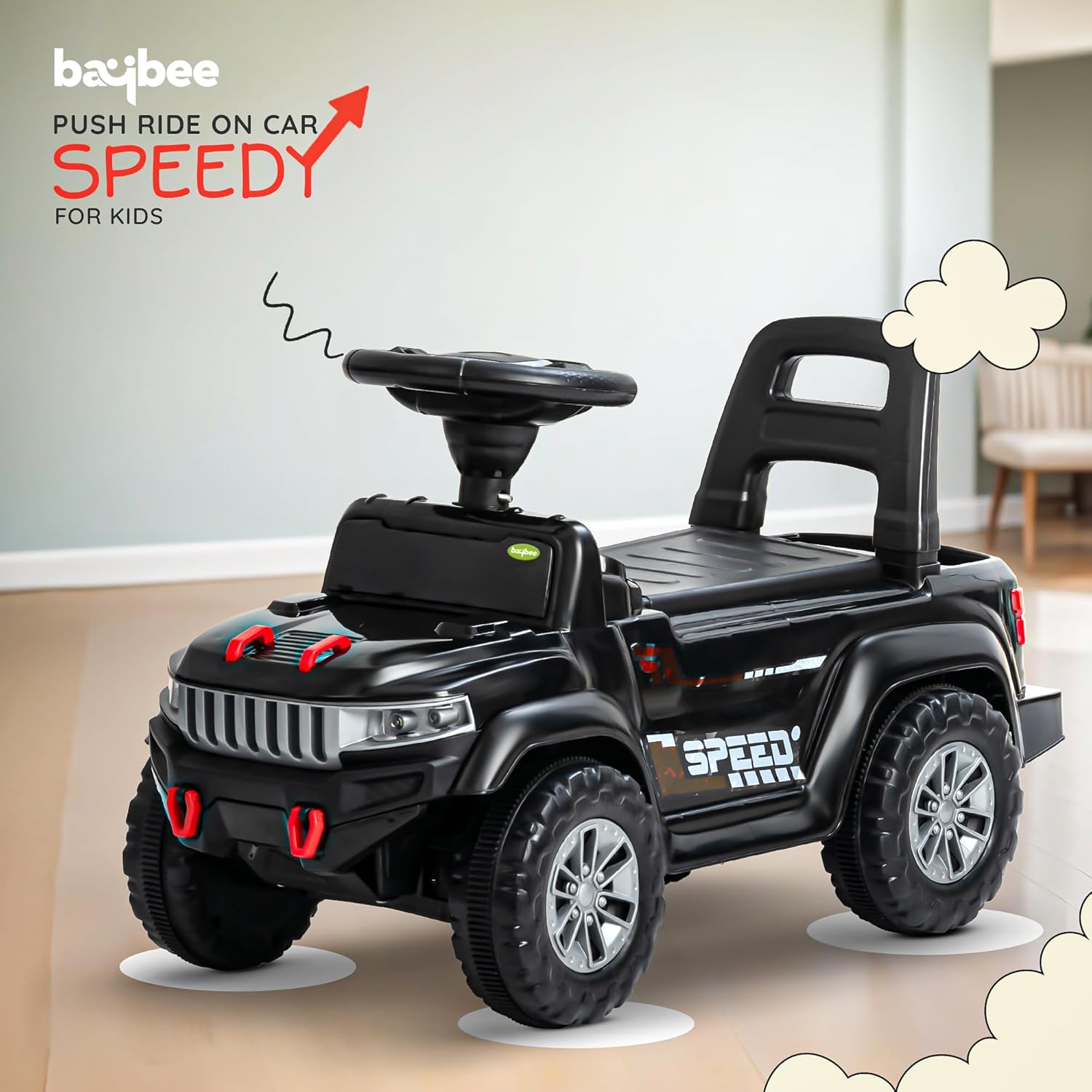 Speedy Push Ride-On Car for Toddlers (1–4 Years) Music & LED Lights – Safe Ride Toy with Storage Basket & High Backrest