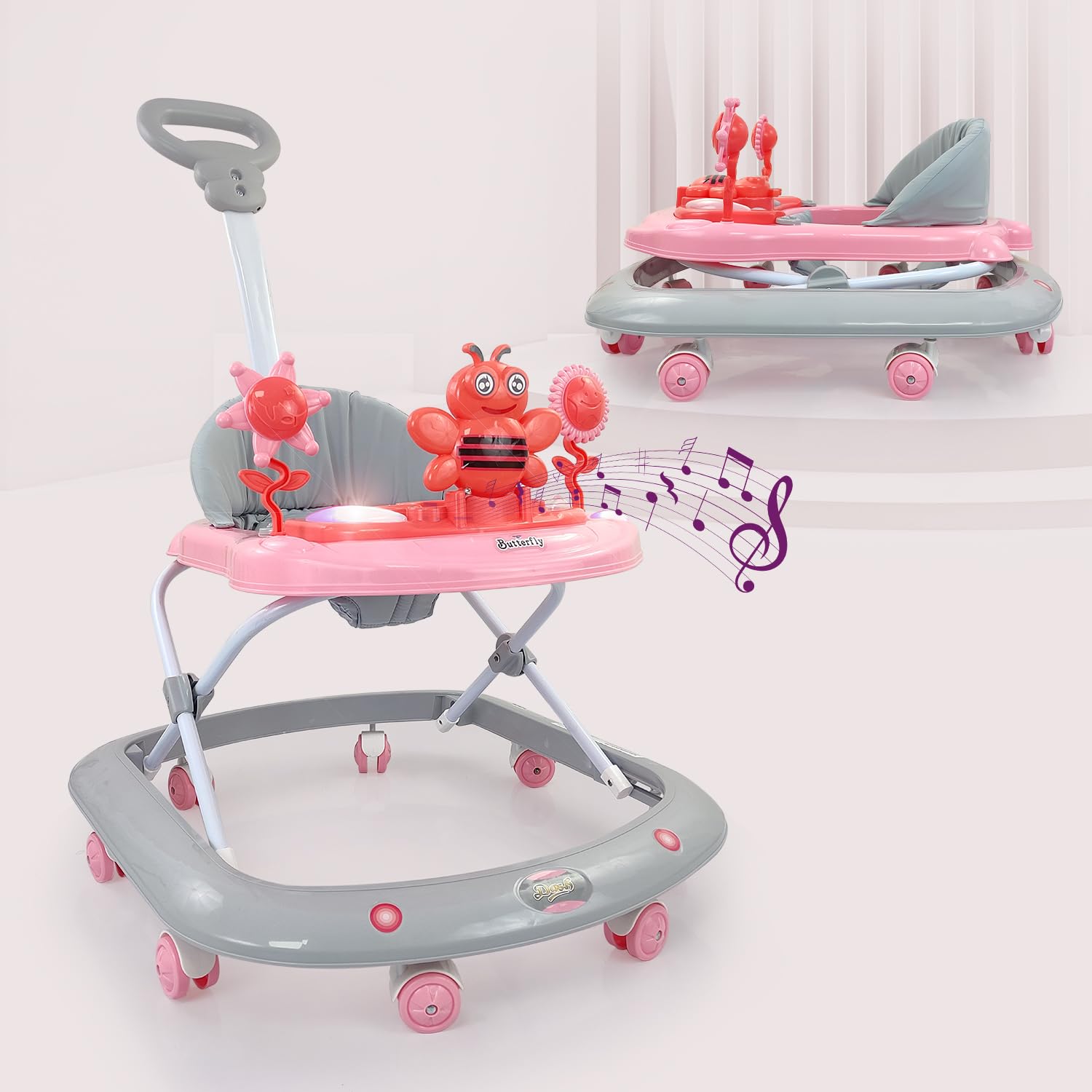 Baby Foldable Activity Walker with 3 Position Adjustable Height, Music & Light & Parental Handle – Baby Essentials, Infant Essentials & Newborn Care Essentials