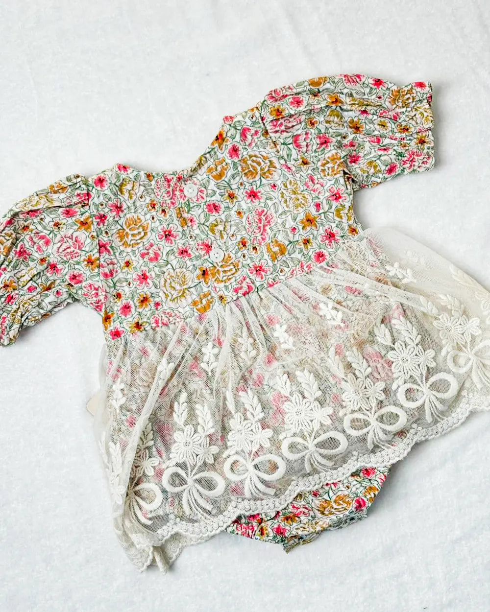 Vintage Floral Lace-Overlay Baby Romper Dress
