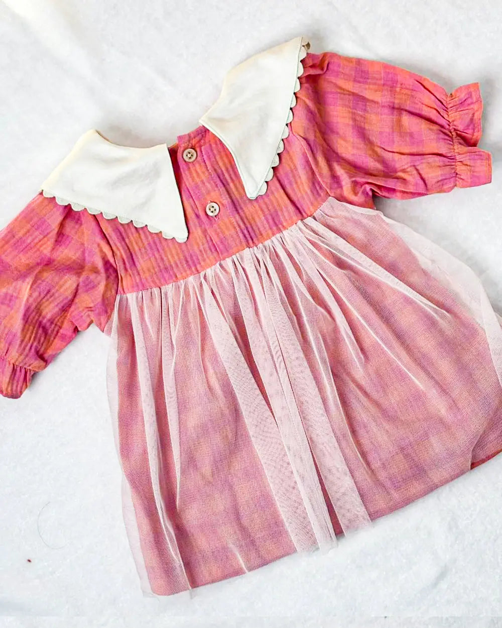 Charming Pink Check Baby Dress with White Collar & Net Overlay
