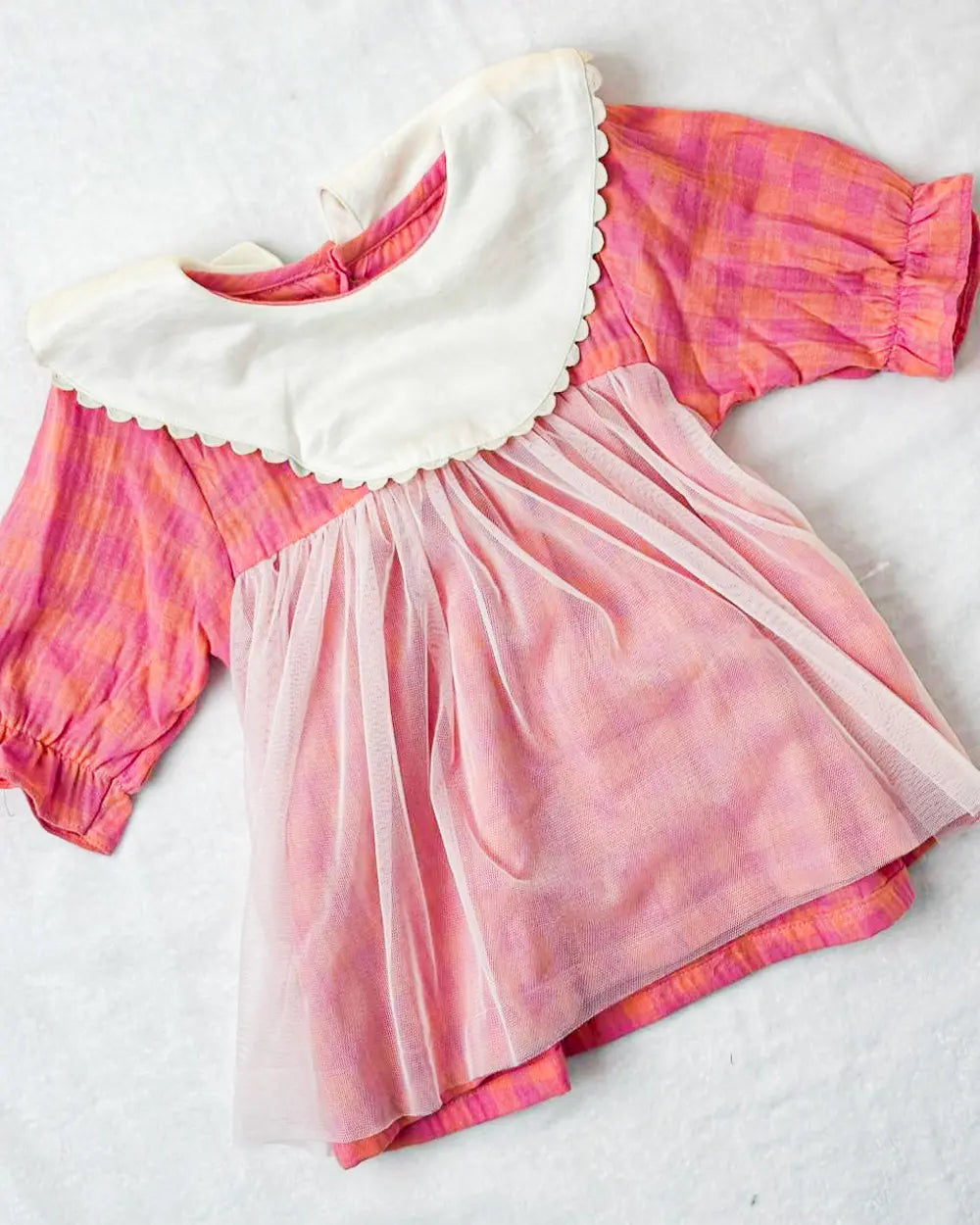 Charming Pink Check Baby Dress with White Collar & Net Overlay