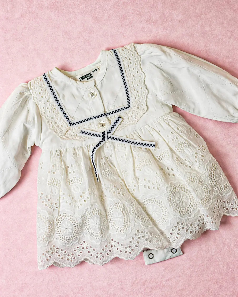 Baby Girl Heirloom Quilted Eyelet Lace Romper Dress with Rick-Rack Trim